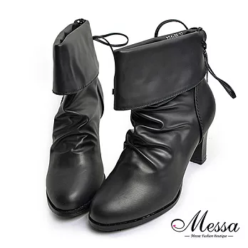 【Messa米莎專櫃女鞋】優雅反摺造型後綁帶高跟短靴39黑色