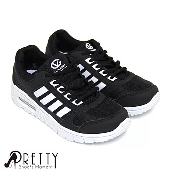 【Pretty】女款個性線條綁帶休閒運動鞋23.5黑白色