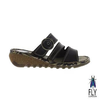 Fly London(女) 三線圓扣低坡跟真皮休閒拖鞋 - EU36黝勁黑