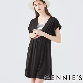 【Gennies專櫃】Gennies系列-黑白條紋高腰綁帶長洋M黑