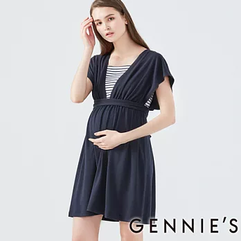 【Gennies專櫃】Gennies系列-橫條紋高腰綁帶長洋M丈青