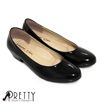 【Pretty】俐落簡約中粗跟包鞋JP23.5黑亮