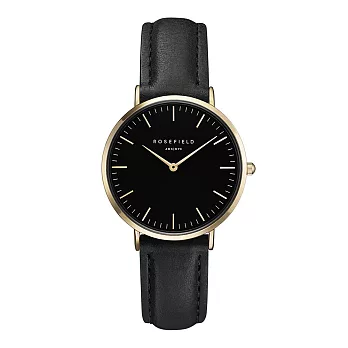 ROSEFIELD紐約精品手錶 The Tribeca系列 黑色皮革錶帶 金色錶框 黑色錶盤33mm