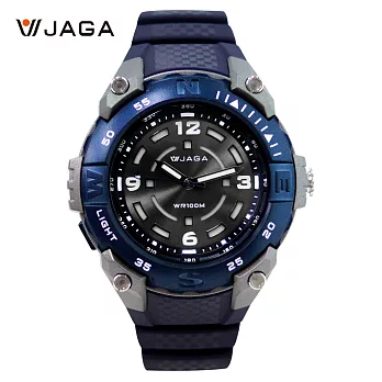JAGA捷卡 AQ1166 暗色系矽膠格子紋錶帶防水指針錶- 藍色 E