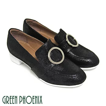 ◤Green Phoenix◥BIS-VITAL 金屬感皮革白底義大利特殊小羊皮粗跟福樂鞋EU35.5黑色