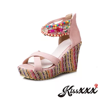 【KissXXX】波西米亞風全手工串珠造型坡跟時尚涼鞋(預購)EU34粉