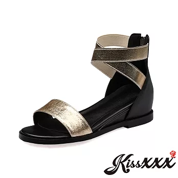 【KissXXX】小牛皮金屬風交叉繞踝坡跟平底涼鞋(預購)EU34金