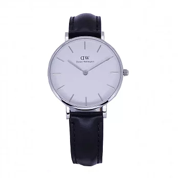 DW Daniel Wellington 經典中的獨特時尚優質黑色皮革腕錶-白+銀/32mm-DW00100186
