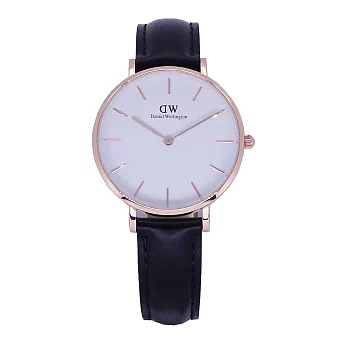 DW Daniel Wellington 經典中的獨特時尚優質黑色皮革腕錶-白+玫瑰金/32mm-DW00100174