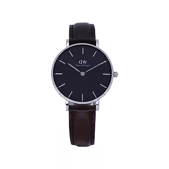 DW Daniel Wellington 經典中的獨特時尚優質深咖啡色皮革腕錶-黑+銀/32mm-DW00100177