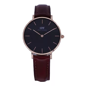 DW Daniel Wellington 經典中的獨特時尚優質深咖啡皮革腕錶-黑+玫瑰金/32mm-DW00100165