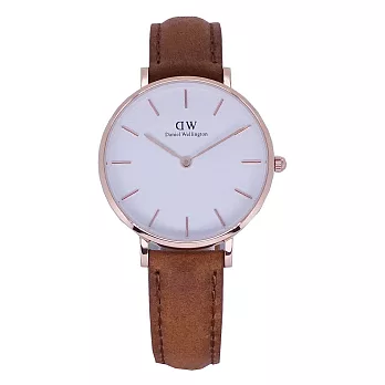 DW Daniel Wellington 經典中的獨特時尚優質麝香型咖啡皮革腕錶-白+玫瑰金/32mm-DW00100172