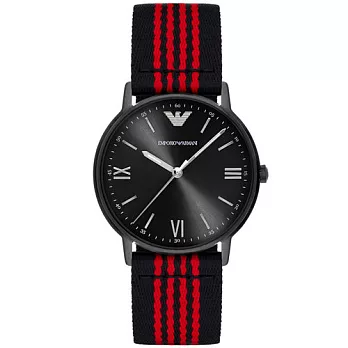 Armani 標準情人時尚優質個性帆布帶腕錶-黑紅-AR11015