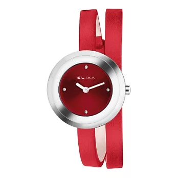 Elixa 瑞士精品手錶 Finesse系列銀框 銀色晶鑽錶盤 紅色皮革纏繞式錶帶28mm