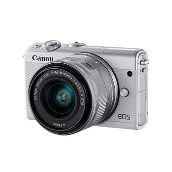 Canon EOS M100+15-45mm IS STM 變焦鏡組(公司貨)-加送64G C10卡+專用電池X2+保護鏡+大吹球清潔組+拭鏡筆+相機包-白色