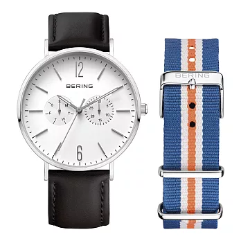 BERING丹麥精品手錶 雙眼日期顯示系列 銀x黑色真皮/藍白橘尼龍錶帶套組40mm