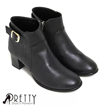 【Pretty】簡約金屬釦環側拉鍊中粗跟短靴JP24黑色
