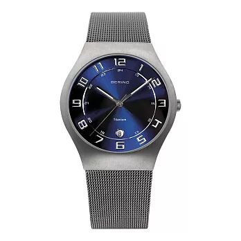 BERING丹麥精品手錶 日期顯示鈦合米金蘭錶帶系列 銀x北歐藍37mm
