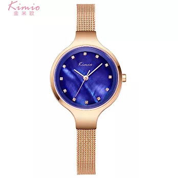 Kimio 金米歐 K-6225 珍珠光彩刷色優雅米蘭鐵帶錶- 玫帶藍面