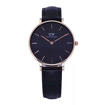 DW Daniel Wellington 經典中的獨特時尚優質黑色壓紋皮革腕錶-黑+玫瑰金/32mm-DW00100167