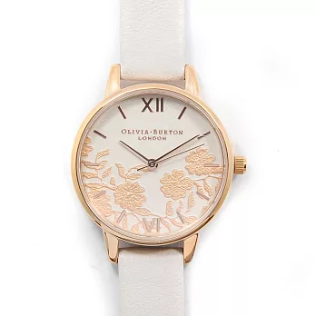 Olivia Burton 英倫復古手錶 蕾絲花卉細節灰色錶面 玫瑰金框皮革錶帶-30mm
