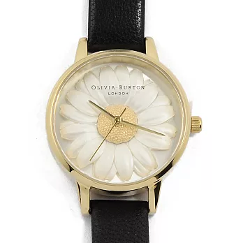 Olivia Burton 3D立體小菊花黑色真皮錶帶金錶框手錶-30mm