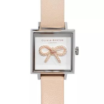 Olivia Burton 英倫復古手錶 3D蝴蝶結方形錶盤粉膚真皮錶帶銀框-30mm