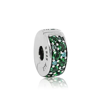 Pandora 潘朵拉 綠色鑲鋯水晶扁狀夾扣式 純銀墜飾 串珠