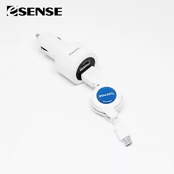 Esense 車用3.1安培雙USB充電組-車充+伸縮充電線(01-ECC310R)白色
