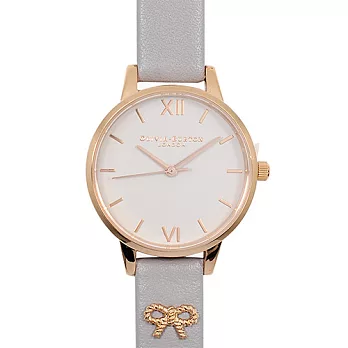 Olivia Burton 英倫復古手錶 3D立體蝴蝶墜飾真皮錶帶 玫瑰金x灰紫30mm