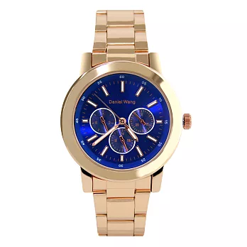 Daniel Wang DW-3189 夜光刻度指針仿三眼設計鐵帶錶 - 玫帶藍面