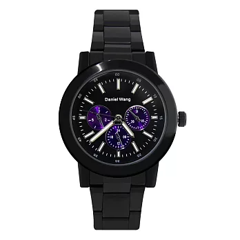 Daniel Wang DW-3189 夜光刻度指針仿三眼設計鐵帶錶 - 黑帶紫眼