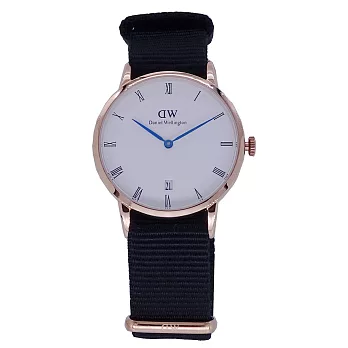 DW Daniel Wellington 經典中的收藏羅馬時尚優質腕錶-黑色帆布+金殼/34mm-DW00100263