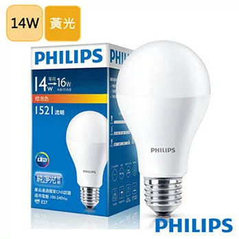 【飛利浦 PHILIPS】LED球型 14W 廣角LED燈泡E27 黃光3000K 全電壓(6入組)