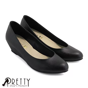 【Pretty】OL通勤款百搭素面尖頭楔型鞋JP23黑色