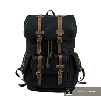 【US.STYLE】歐美自由行 蠟染帆布X瘋馬皮雙肩壯遊後背包(紳士黑)