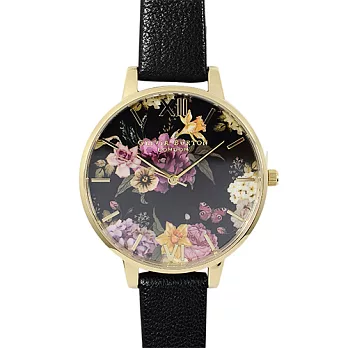 Olivia Burton 英倫復古手錶 幽暗花卉啞光黑錶面 金框黑色真皮錶帶38mm