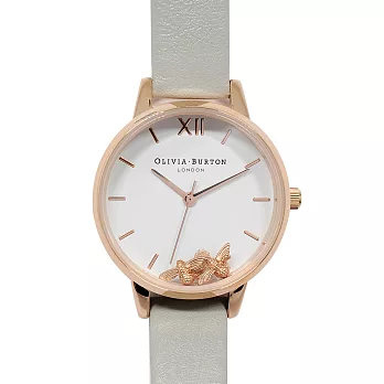 Olivia Burton 英倫復古手錶 繁忙的蜜蜂灰色真皮錶帶玫瑰金框 30mm