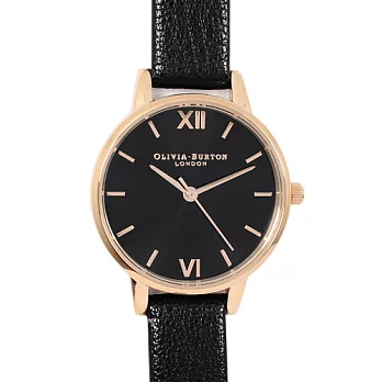 Olivia Burton英倫復古手錶 簡約刻度錶面黑色真皮錶帶玫瑰金框30mm