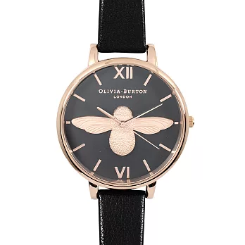 Olivia Burton 英倫復古手錶 3D立體蜜蜂 黑色真皮錶帶 玫瑰金框38mm
