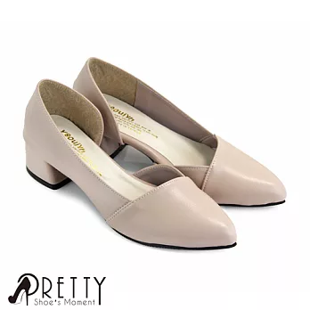 【Pretty】極簡設計側邊鏤空低跟尖頭鞋JP22.5膚色