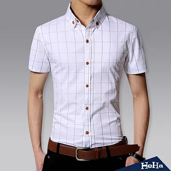 襯衫 棉質格紋短袖襯衫 三色-HeHa-L（白色）