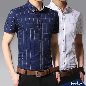 襯衫 棉質格紋短袖襯衫 三色-HeHa-L（藍色）