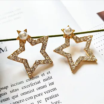 【Ada】超大星星亮鑽珍珠雙戴式耳針造型耳環金色