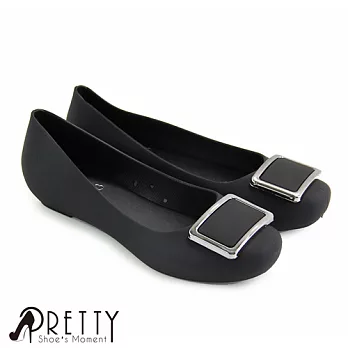【Pretty】典雅方形金屬內增高防水膠鞋/雨鞋EU37黑色