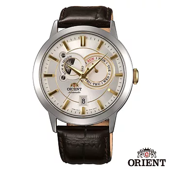 ORIENT東方錶經典工藝日月相錶系列皮革機械腕錶-銀色x41.5mmFET0P004W0