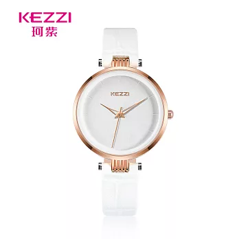 KEZZI珂紫 K-1820 素雅簡約玫色指針壓紋皮質錶帶手錶- 白色