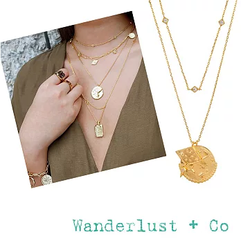 Wanderlust+Co 澳洲品牌 古典銀河星系鑲鑽雙墜項鍊 金色鑲鑽雙層項鍊 INES