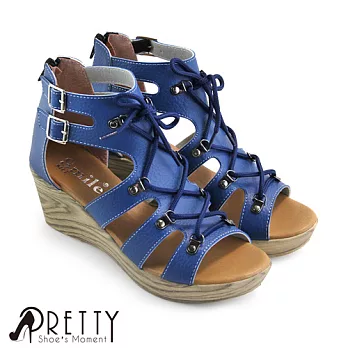 【Pretty】簡約綁帶縷空後拉鍊楔型魚骨涼鞋JP23藍色