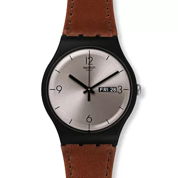 Swatch 品味紳士皮革石英腕錶 SUOB721